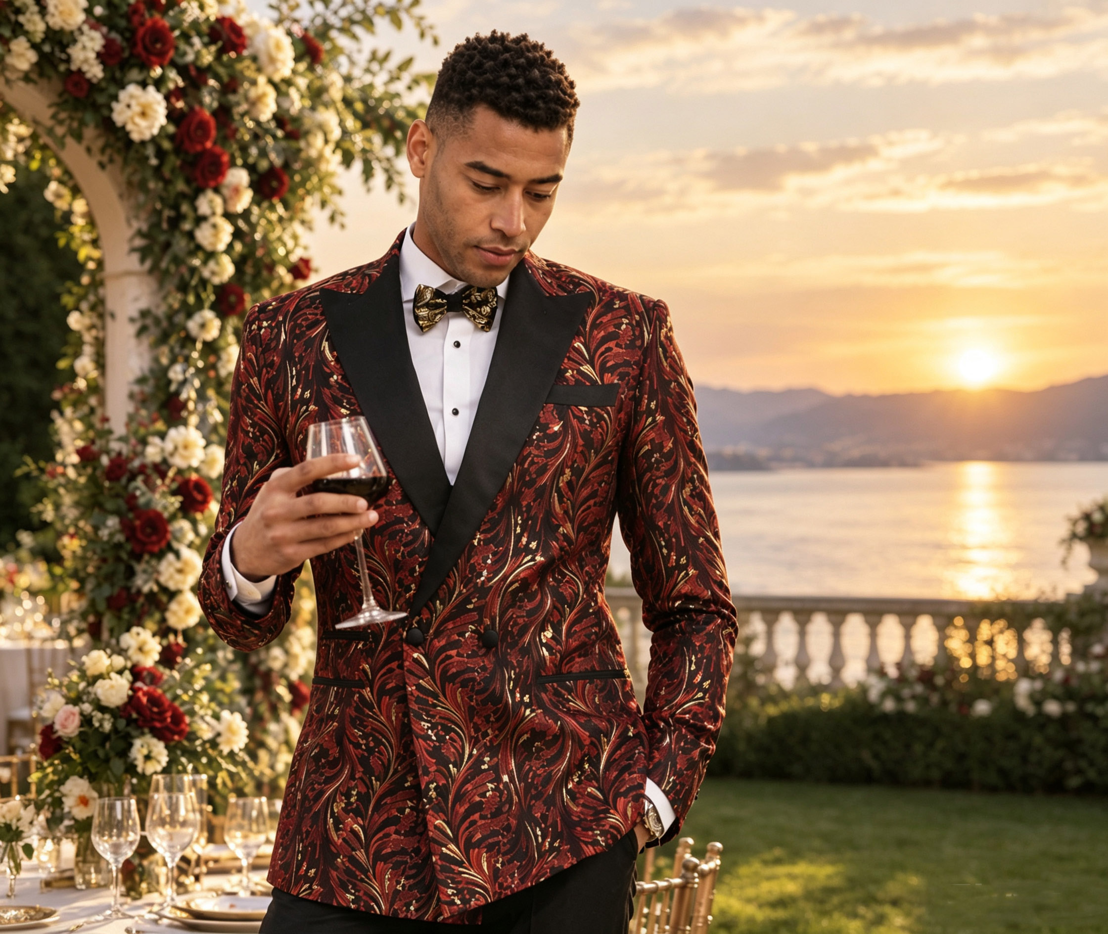 TUANMAX Burgundy Gold Patterned Tuxedo | Black Satin Peak Lapel Evening Suit | Tailored Suits