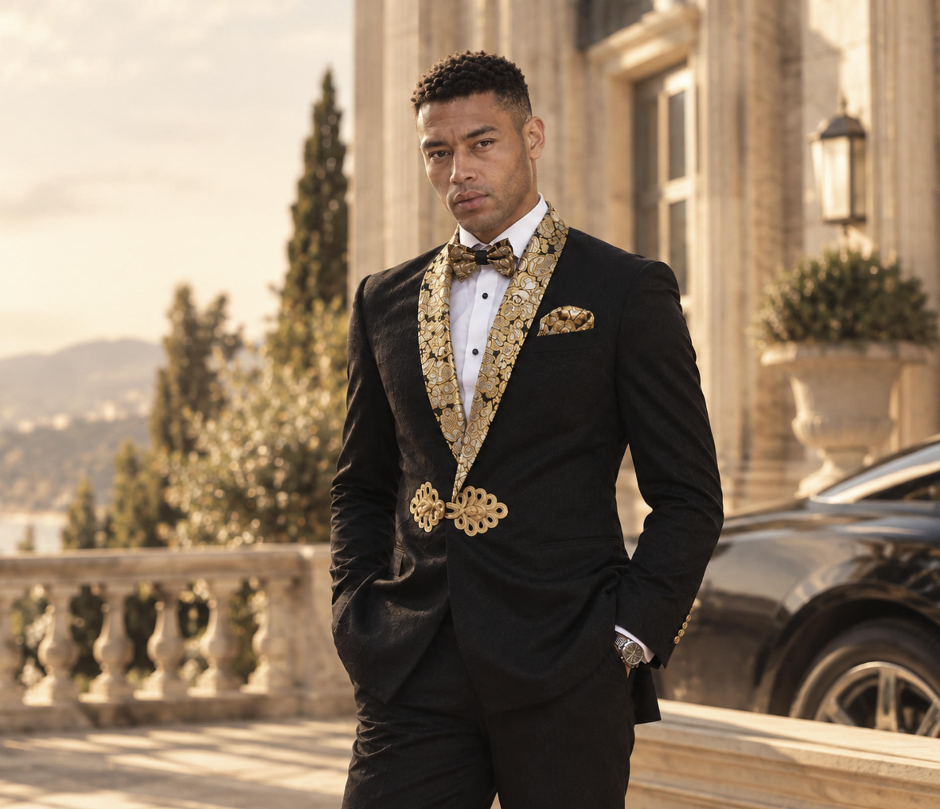 TUANMAX Black Gold Floral Shawl Lapel Tuxedo | Groom Custom Wedding Suits