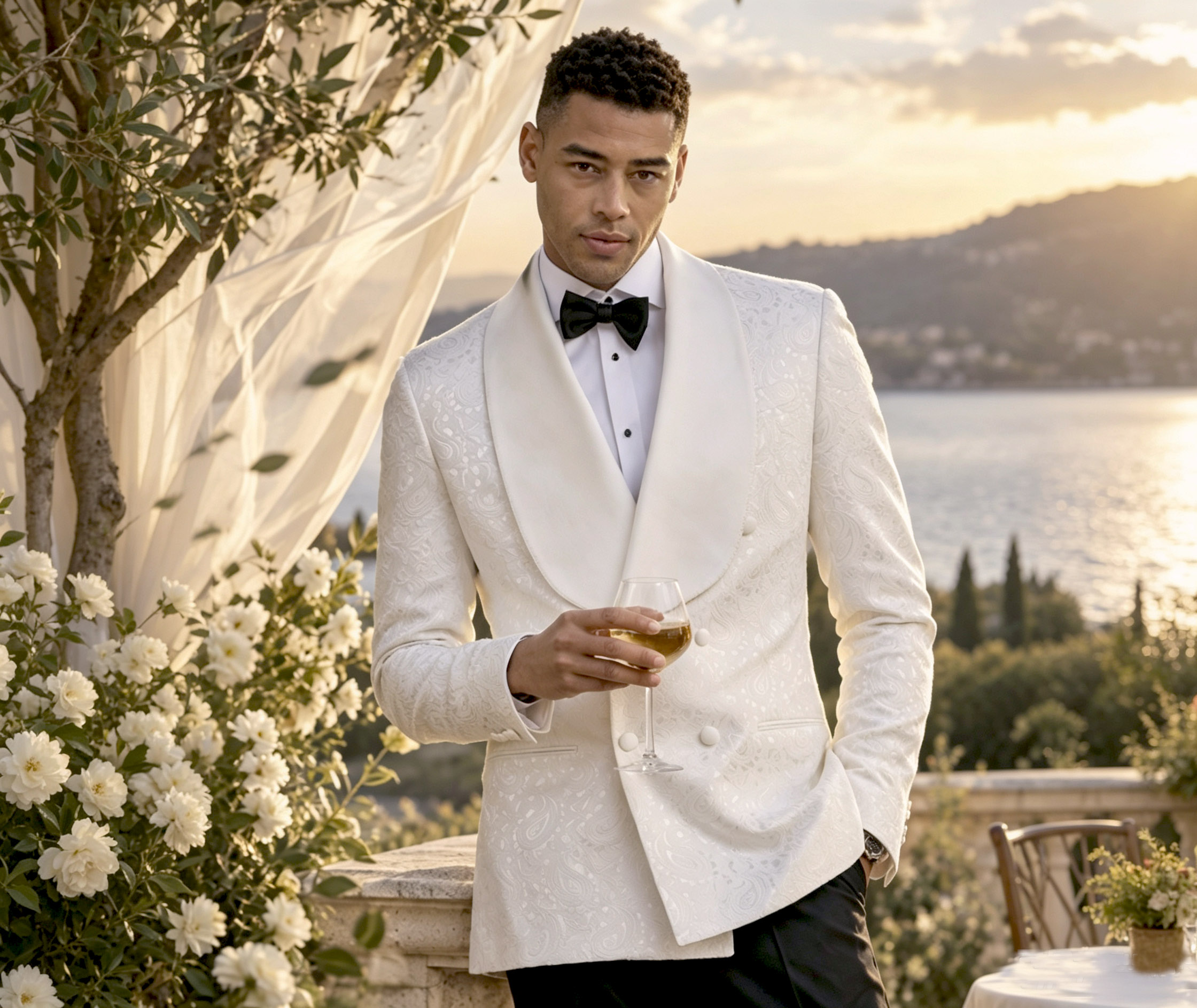 TUANMAX Men's White Paisley Jacquard Satin Shawl Lapel Tuxedo | Tailored Suits