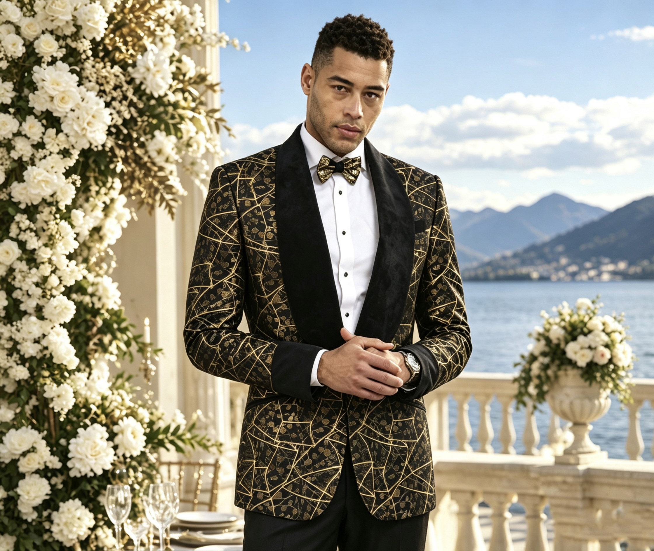 TUANMAX Men’s Luxury Black Gold Broken Line Jacquard Tuxedo, Velvet Shawl Lapel   Suit