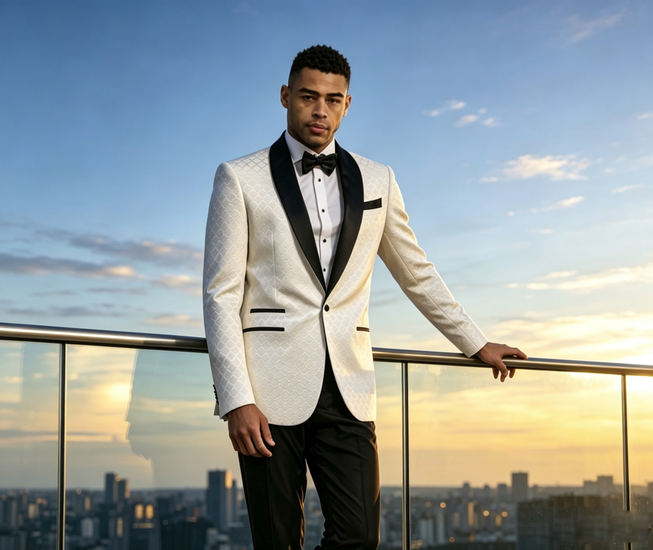 TUANMA Men's White Diamond Jacquard Tuxedo with Black Satin Shawl Lapel | Tailored Suit