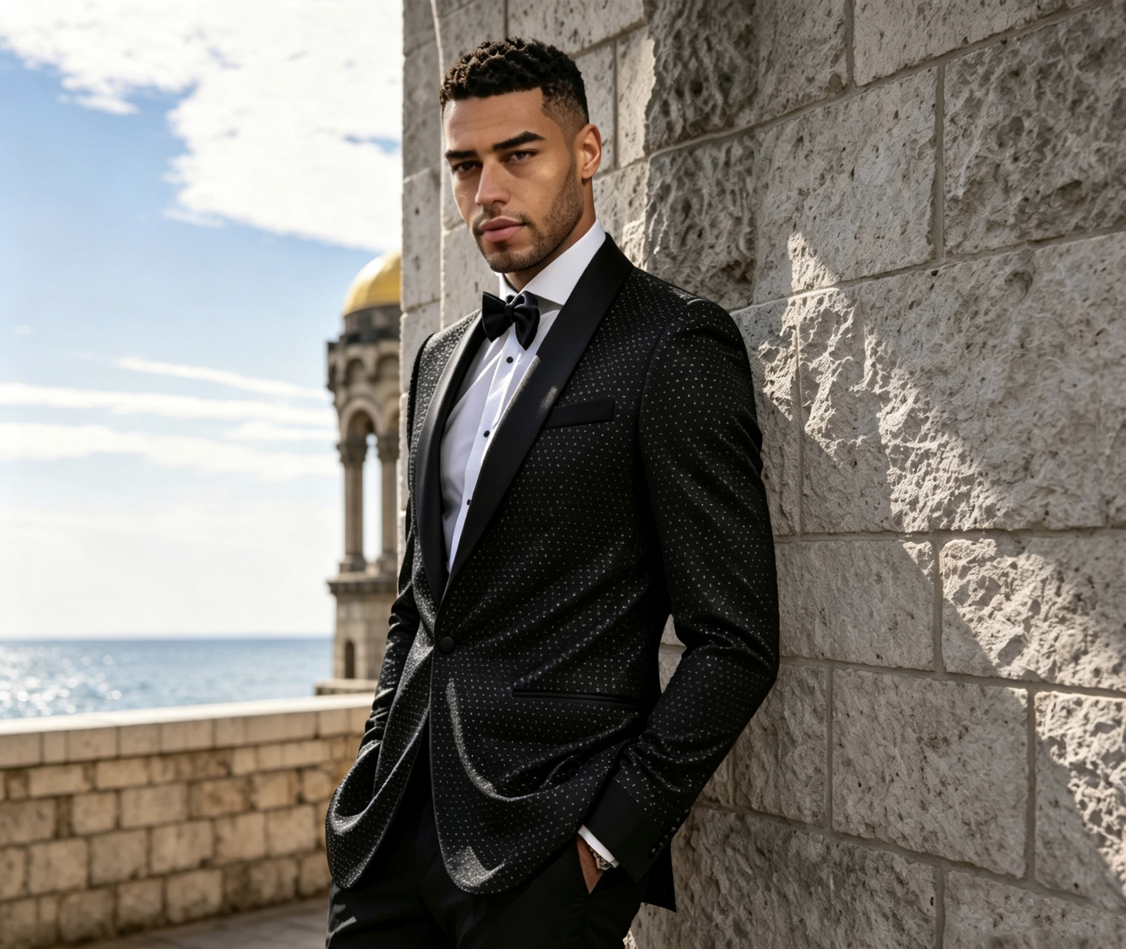 TUANMAX Men's Black Dot Jacquard Tuxedo with Satin Shawl Lapel | Tailored Suit