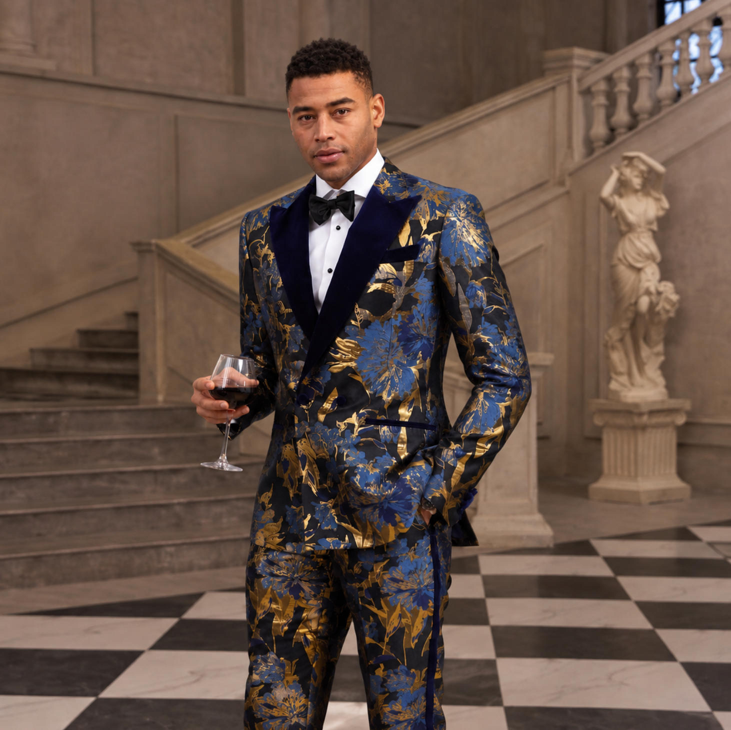 TUANMAX Men's Blue Gold Floral Jacquard Tuxedo with Navy Velvet Lapel | Tailored Suit