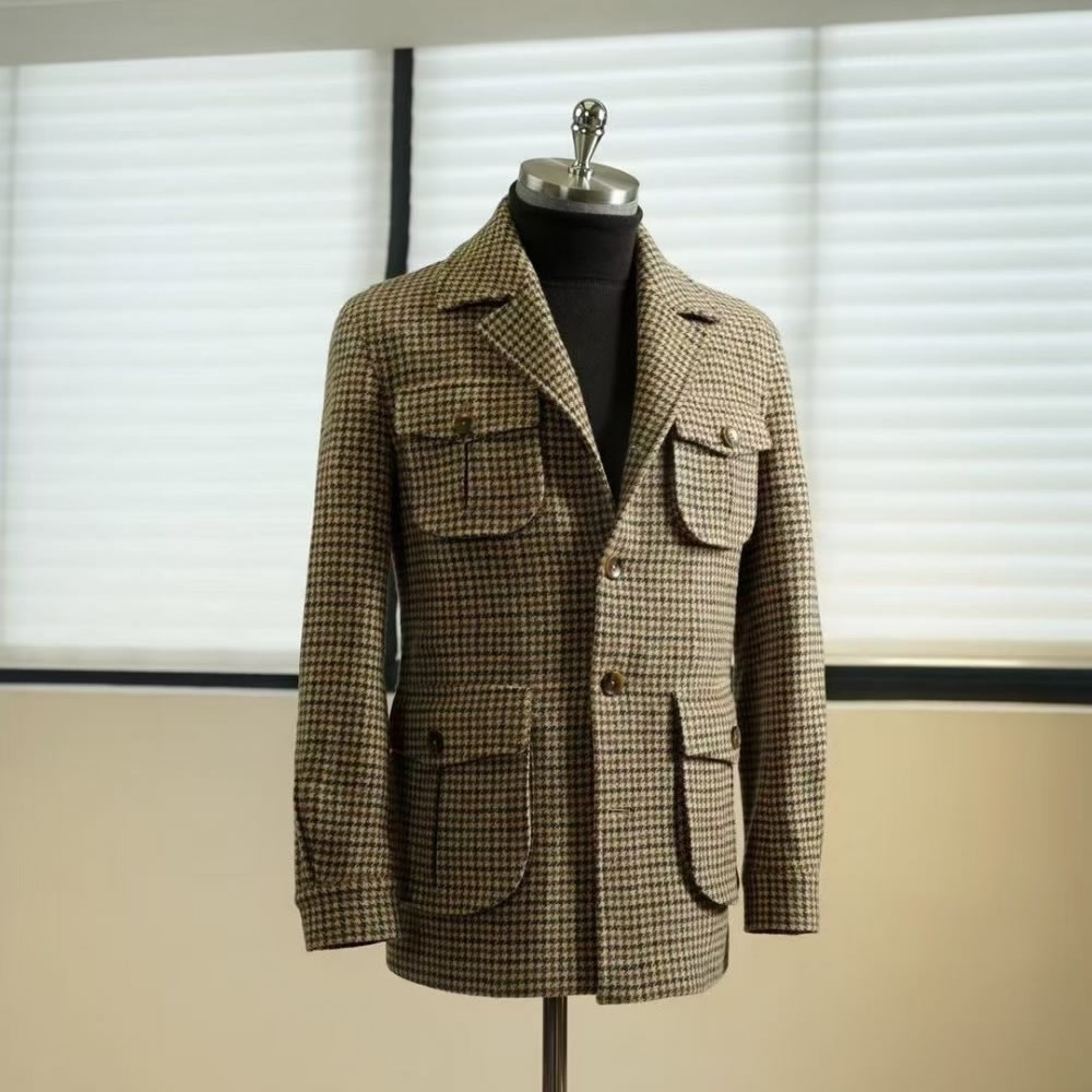 TUANMAX Men Houndstooth Safari Jacket, Custom Wool Field Coat