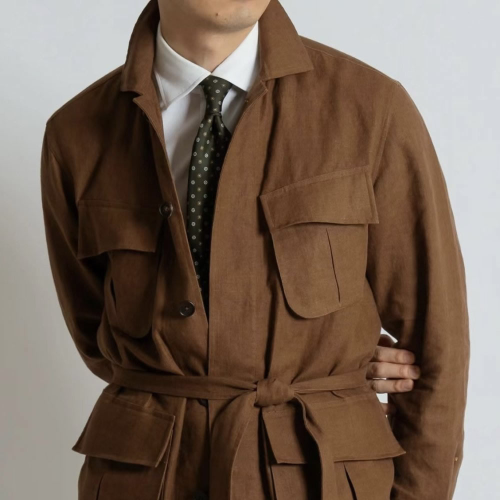 TUANMAX Men Brown  Safari Hunting Jacket, Custom Tailored Belted Field Coat