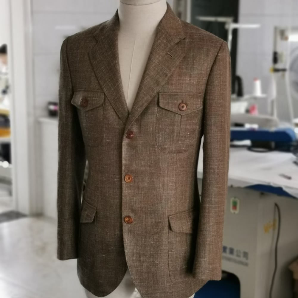 TUANMAX Men Brown Wool Linen Safari Jacket, Custom 3 Button Field Blazer
