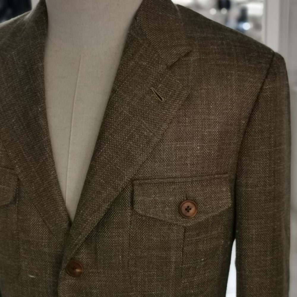 TUANMAX Men Brown Wool Linen Safari Jacket, Custom 3 Button Field Blazer
