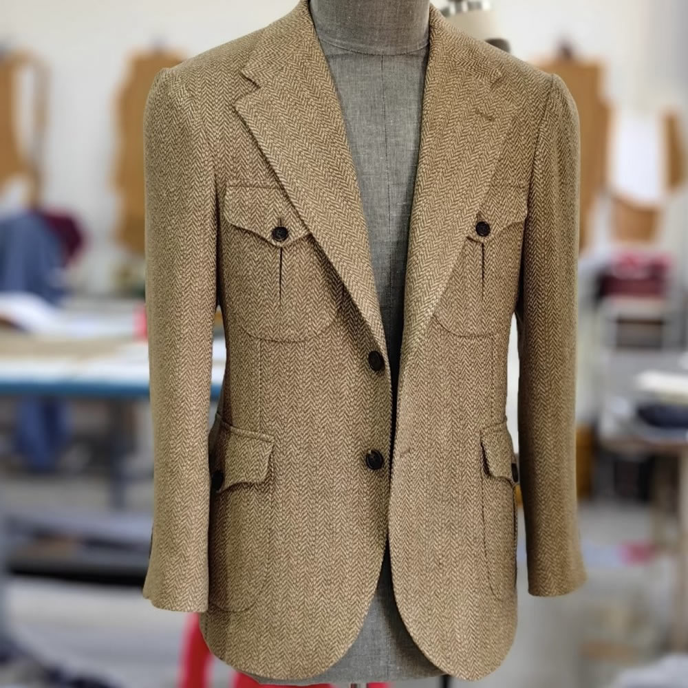 TUANMAX Men Herringbone Wool Safari Hunting Jacket, Custom Tailored Blazer