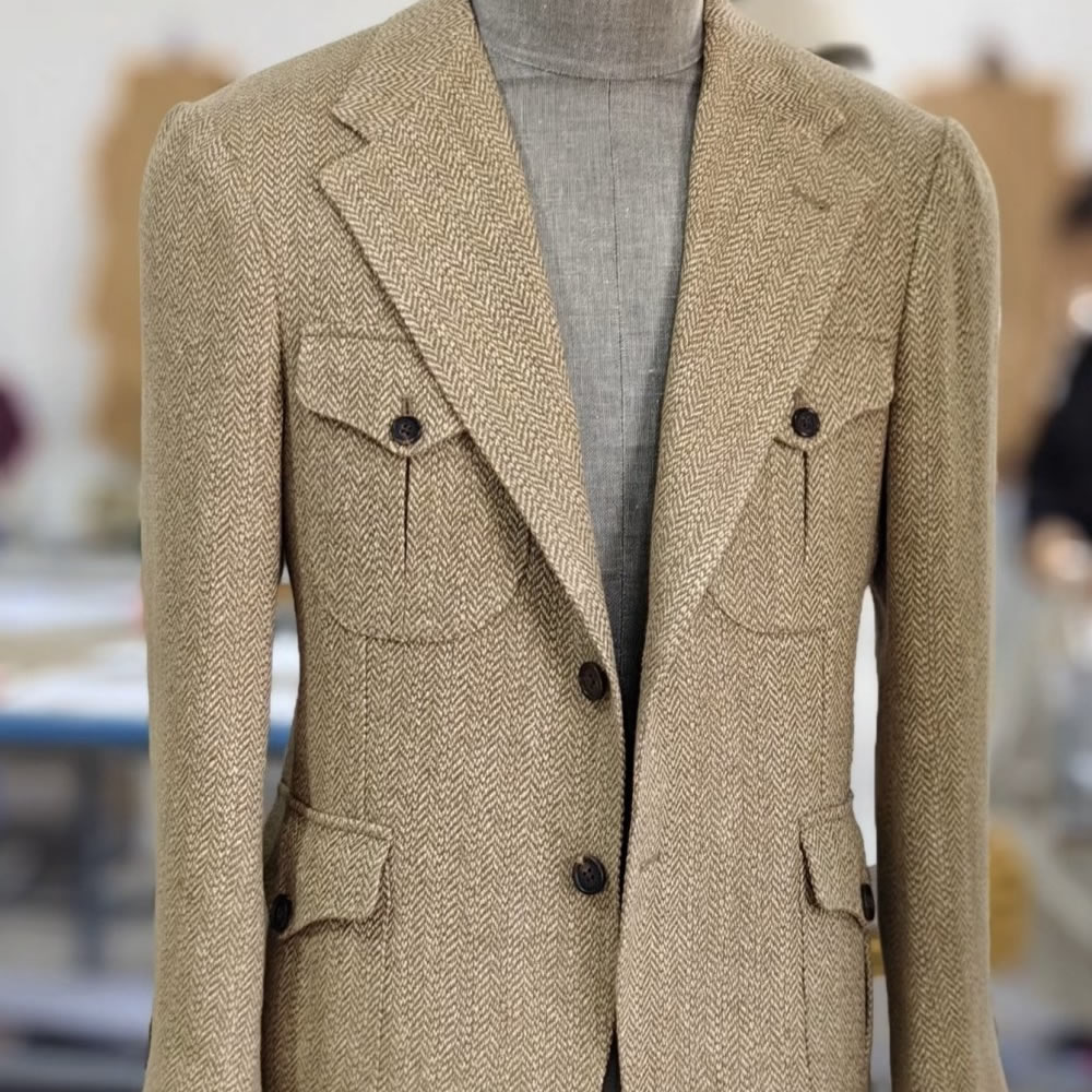 TUANMAX Men Herringbone Wool Safari Hunting Jacket, Custom Tailored Blazer