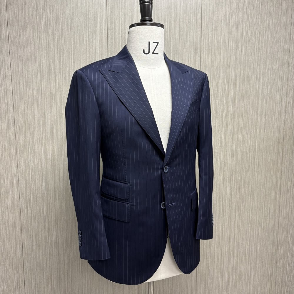 TUANMAX Navy Pinstripe Men Custom Blazer, Peak Lapel Wool Suits  | Men’s Tailored Suits