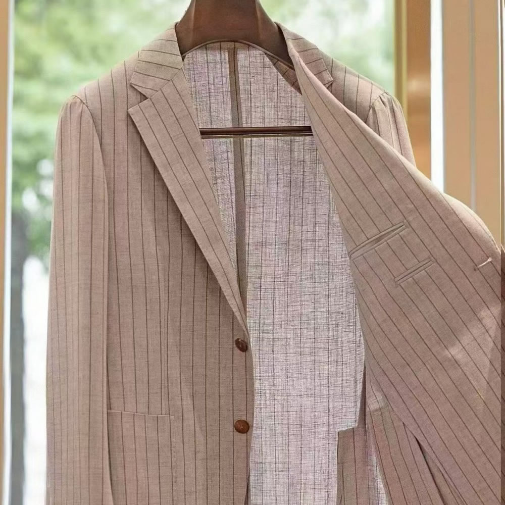 TUANMAX Custom Beige Linen Striped Suit for Men | Tailored Summer Suit