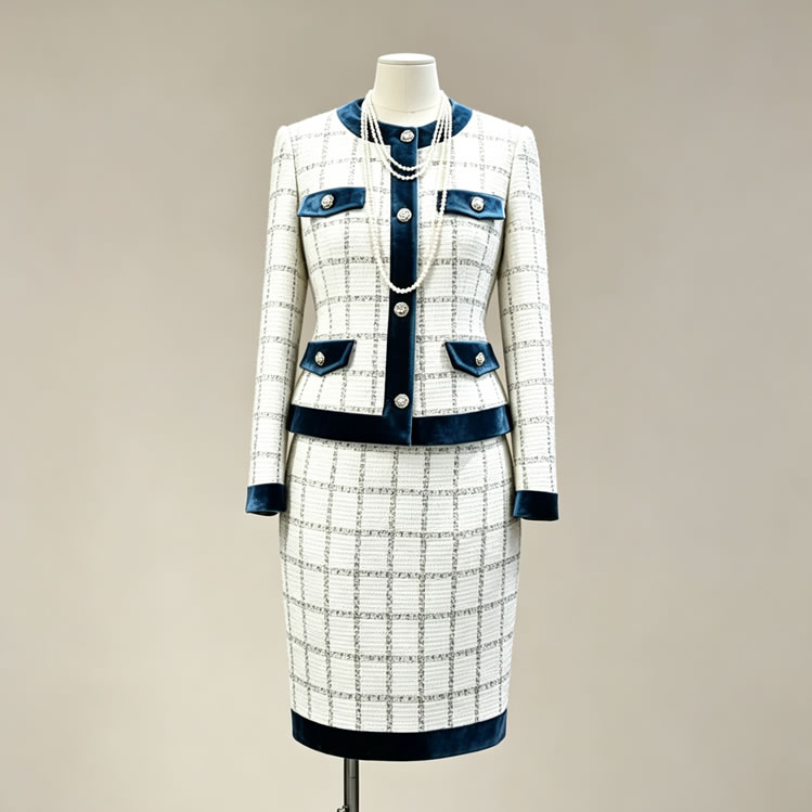 White Check Tweed Ladies Jacket & Pencil Skirt Two‑Piece Suit