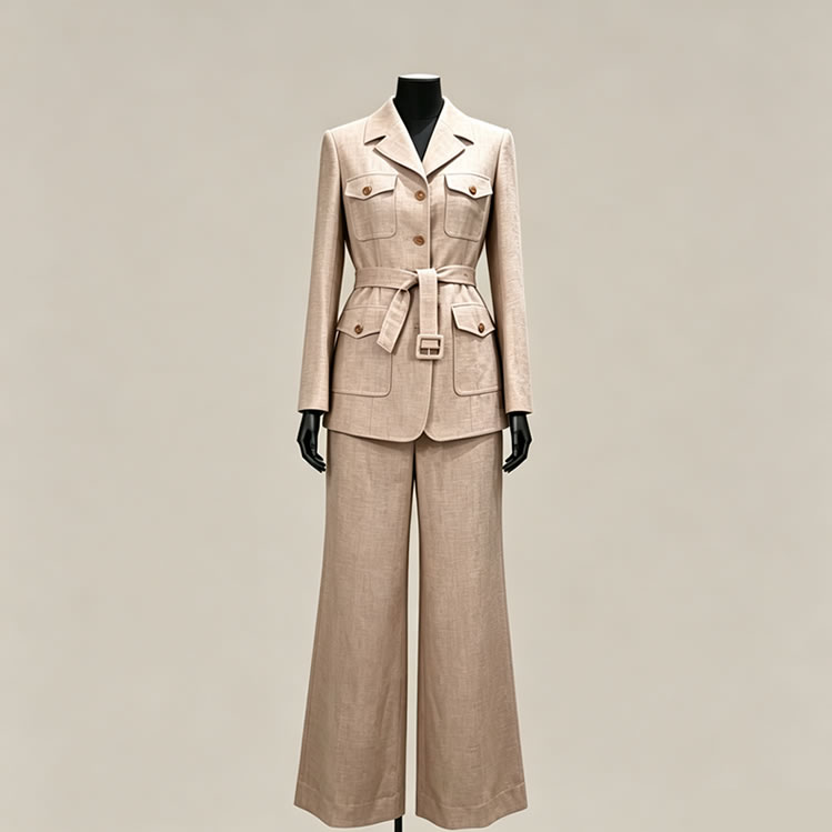 TUANMAX Custom Women’s Beige Linen Suit | Tailored Belted Suit Set